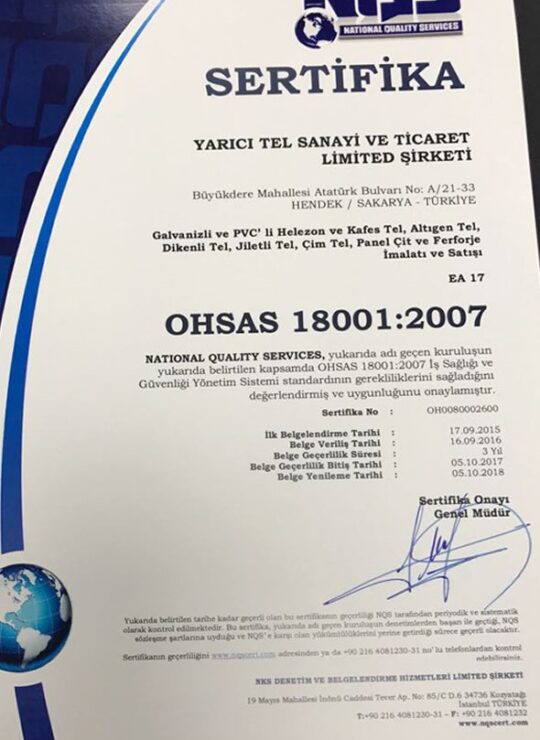 Yarıcı Tel Kalite Sertifikası 2