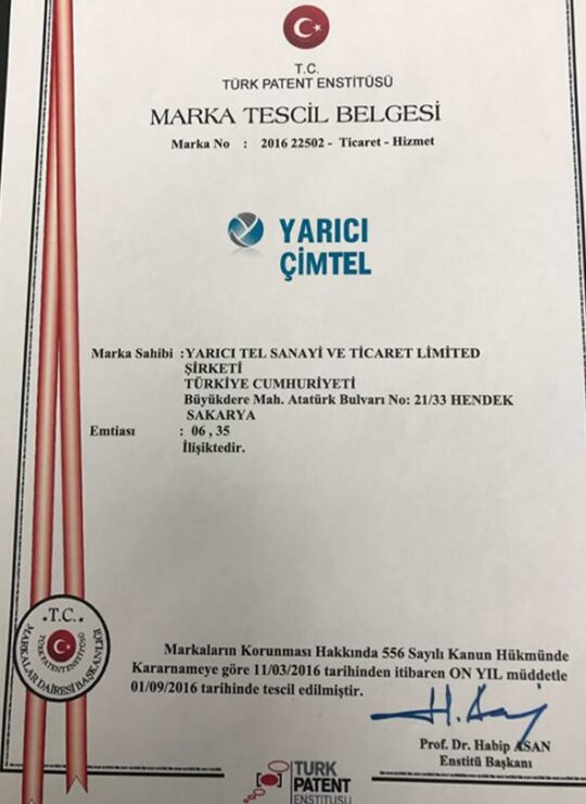 Yarıcı Tel Marka Tescil Belgesi