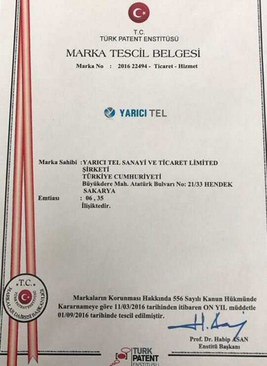 Yarıcı Tel Marka Tescil Belgesi 2
