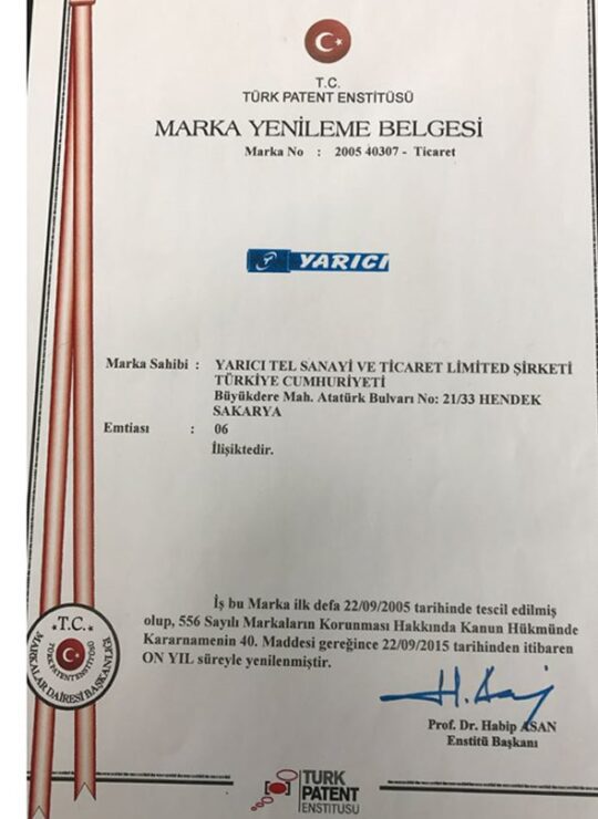 Yarıcı Tel Marka Yenileme Belgesi