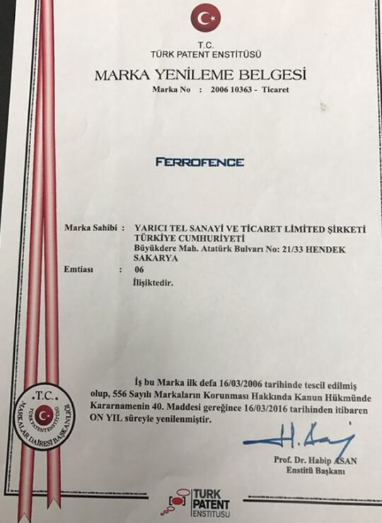 Yarıcı Tel Marka Yenileme Belgesi